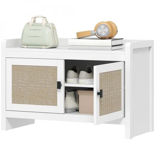 Banco Zapatero con Puertas Frentes de Ratán Balda Extraíble para Entrada o Dormitorio 80x35x52 cm Blanco y Beige [9]