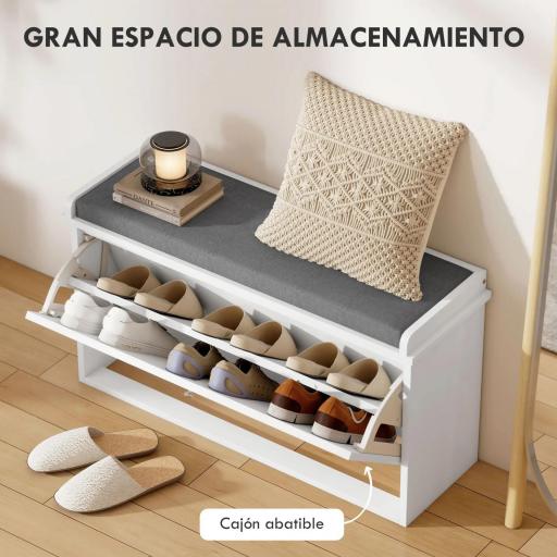 Mueble Zapatero con Banco con Estantes Ajustables y Cojín Acolchado para 8 Pares de Zapatos 80x26x48 cm Blanco [3]