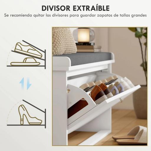 Mueble Zapatero con Banco con Estantes Ajustables y Cojín Acolchado para 8 Pares de Zapatos 80x26x48 cm Blanco [4]