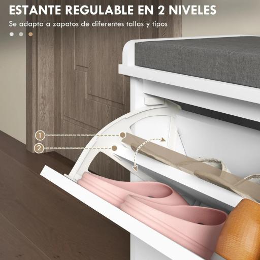Mueble Zapatero con Banco con Estantes Ajustables y Cojín Acolchado para 8 Pares de Zapatos 80x26x48 cm Blanco [5]