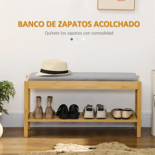 Banco Zapatero de Bambú Zapatero con Asiento Tapizado para 3 Pares de Zapatos con Estante de Listones 90x30x46cm Natural [5]