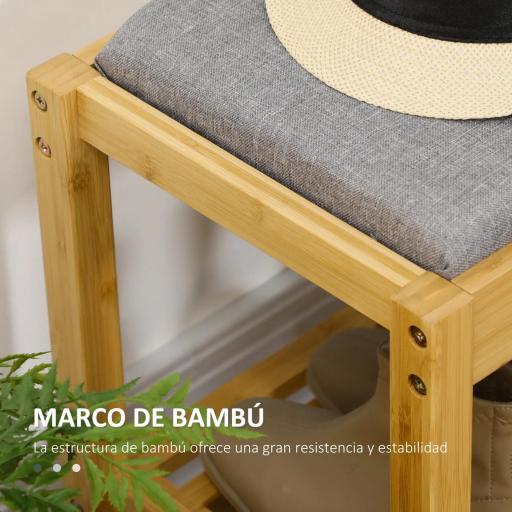 Banco Zapatero de Bambú Zapatero con Asiento Tapizado para 3 Pares de Zapatos con Estante de Listones 90x30x46cm Natural [3]