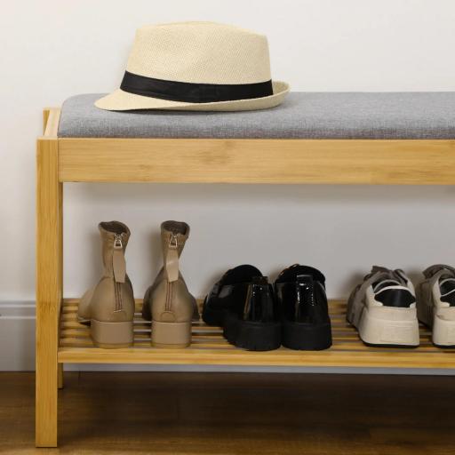 Banco Zapatero de Bambú Zapatero con Asiento Tapizado para 3 Pares de Zapatos con Estante de Listones 90x30x46cm Natural [6]