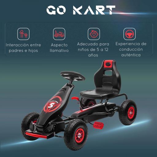  Go Kart a Pedales Infantil con Asiento Ajustable Neumáticos Inflables Amortiguador y Freno de Mano 121x58x61 cm Rojo [4]