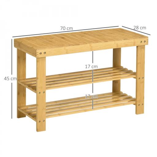 Banco Zapatero de Bambú con Asiento y 2 Estantes para 6 Pares para Entrada Salón Dormitorio 70x28x45 cm Natural [1]