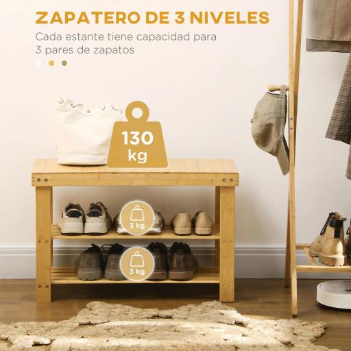 Banco Zapatero de Bambú con Asiento y 2 Estantes para 6 Pares para Entrada Salón Dormitorio 70x28x45 cm Natural [7]