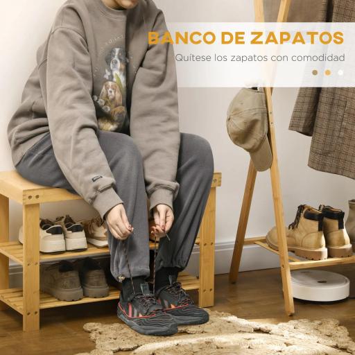 Banco Zapatero de Bambú con Asiento y 2 Estantes para 6 Pares para Entrada Salón Dormitorio 70x28x45 cm Natural [3]