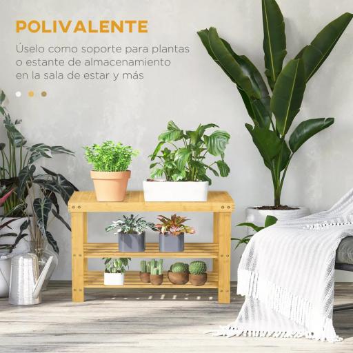 Banco Zapatero de Bambú con Asiento y 2 Estantes para 6 Pares para Entrada Salón Dormitorio 70x28x45 cm Natural [4]