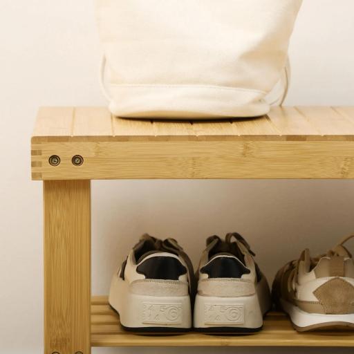 Banco Zapatero de Bambú con Asiento y 2 Estantes para 6 Pares para Entrada Salón Dormitorio 70x28x45 cm Natural [5]