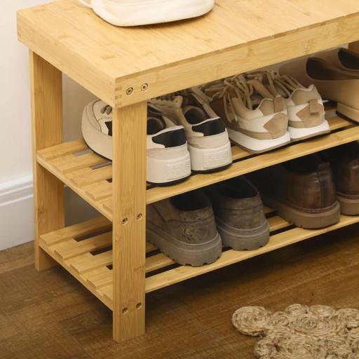 Banco Zapatero de Bambú con Asiento y 2 Estantes para 6 Pares para Entrada Salón Dormitorio 70x28x45 cm Natural [2]