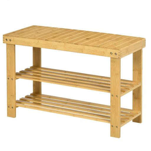 Banco Zapatero de Bambú con Asiento y 2 Estantes para 6 Pares para Entrada Salón Dormitorio 70x28x45 cm Natural [8]