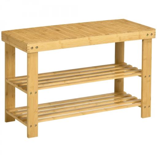 Banco Zapatero de Bambú con Asiento y 2 Estantes para 6 Pares para Entrada Salón Dormitorio 70x28x45 cm Natural [9]