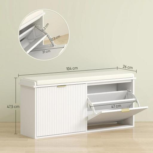 Banco Zapatero con Asiento Acolchado 2 Cajones Abatibles y Estante Ajustable para Entrada 104x26x47,5 cm Blanco [6]