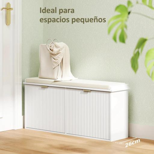 Banco Zapatero con Asiento Acolchado 2 Cajones Abatibles y Estante Ajustable para Entrada 104x26x47,5 cm Blanco [5]
