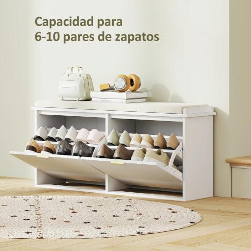 Banco Zapatero con Asiento Acolchado 2 Cajones Abatibles y Estante Ajustable para Entrada 104x26x47,5 cm Blanco [2]