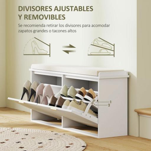 Banco Zapatero con Asiento Acolchado 2 Cajones Abatibles y Estante Ajustable para Entrada 104x26x47,5 cm Blanco [1]
