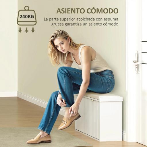 Banco Zapatero con Asiento Acolchado 2 Cajones Abatibles y Estante Ajustable para Entrada 104x26x47,5 cm Blanco [4]