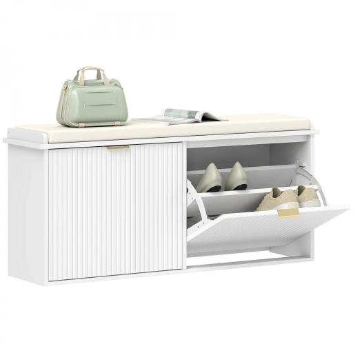 Banco Zapatero con Asiento Acolchado 2 Cajones Abatibles y Estante Ajustable para Entrada 104x26x47,5 cm Blanco [8]