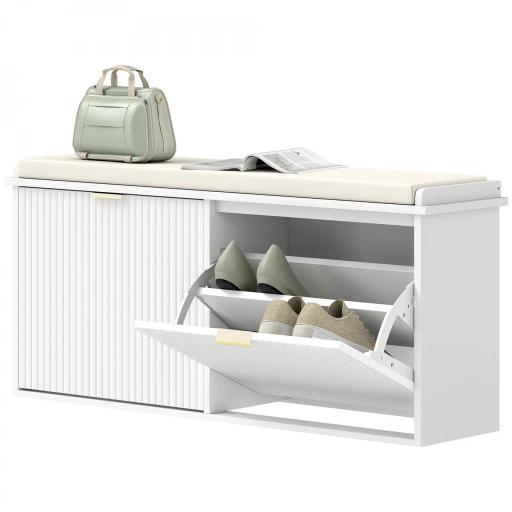 Banco Zapatero con Asiento Acolchado 2 Cajones Abatibles y Estante Ajustable para Entrada 104x26x47,5 cm Blanco [9]