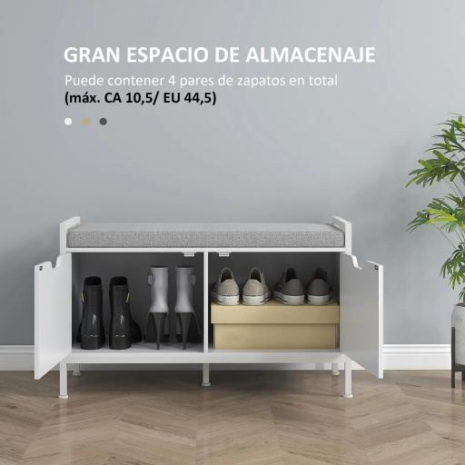 Banco Zapatero para Entrada Recibidor con Asiento Cojín Extraíble para 4 Pares de Zapatos 84x35x50 cm Blanco [2]