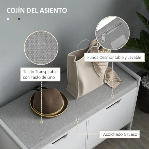 Banco Zapatero para Entrada Recibidor con Asiento Cojín Extraíble para 4 Pares de Zapatos 84x35x50 cm Blanco [3]