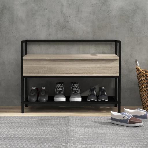 Banco Recibidor con Tapa Abatible Mueble Zapatero con Compartimento Oculto y Estante de Rejilla 84x39,5x61 cm Roble [5]