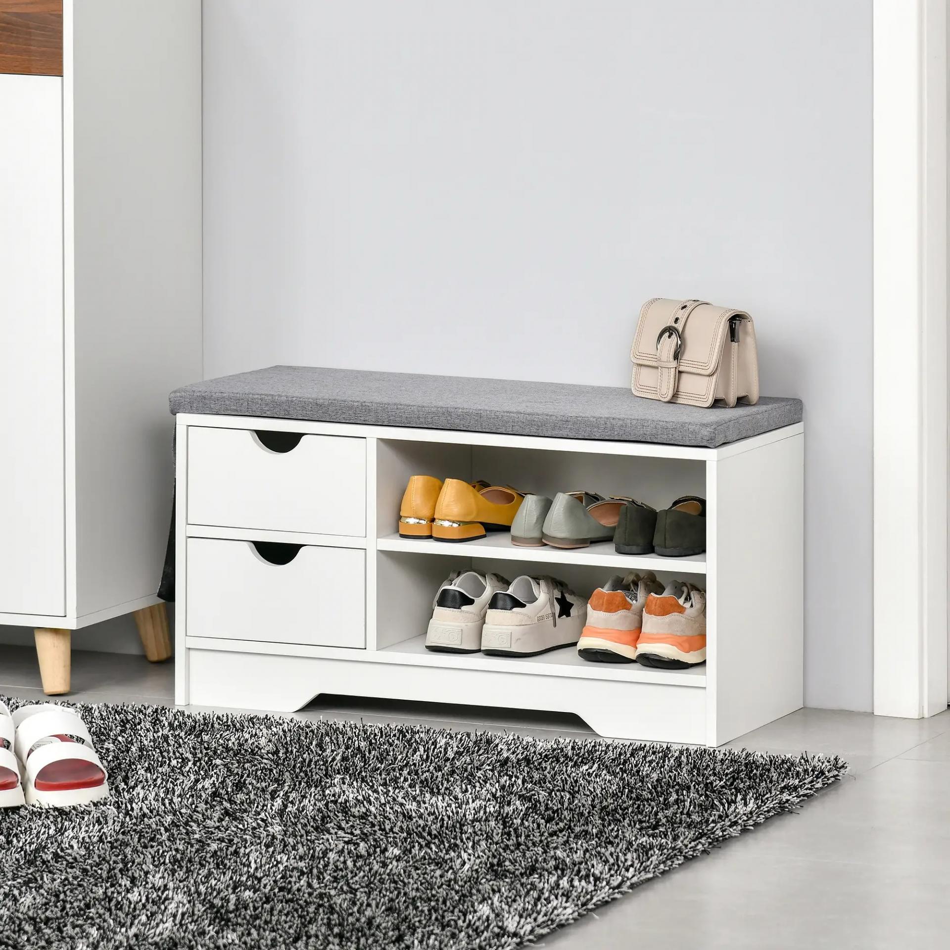 Banco Zapatero con Asiento Estantes y 2 Cajones Capacidad para 4 Pares de Zapatos 80,5x30,5x43,5 cm Blanco y Gris