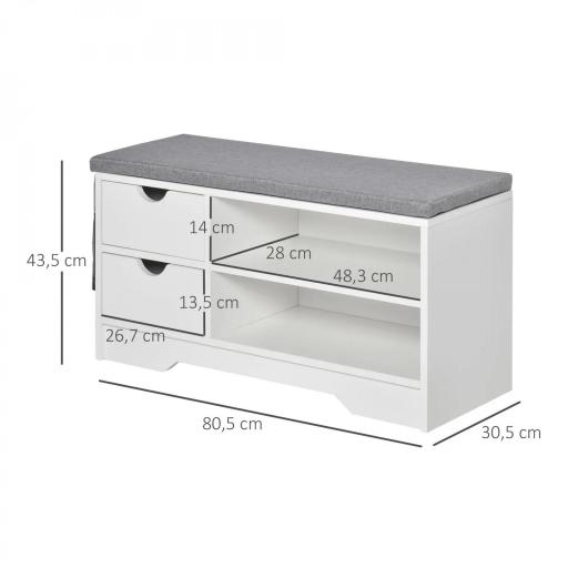 Banco Zapatero con Asiento Estantes y 2 Cajones Capacidad para 4 Pares de Zapatos 80,5x30,5x43,5 cm Blanco y Gris [1]