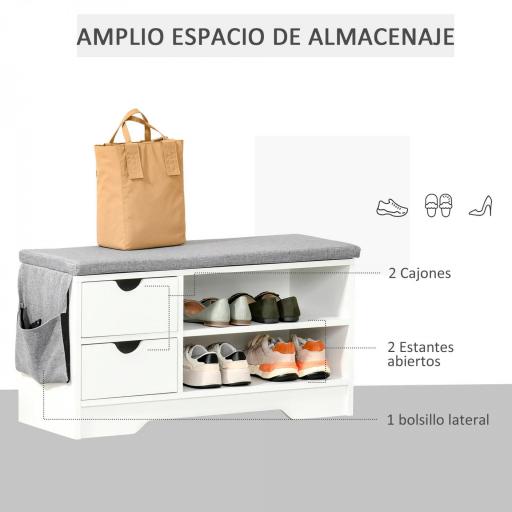 Banco Zapatero con Asiento Estantes y 2 Cajones Capacidad para 4 Pares de Zapatos 80,5x30,5x43,5 cm Blanco y Gris [2]