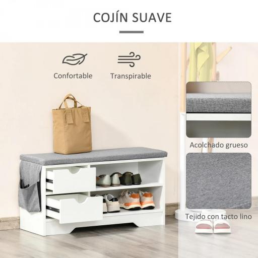 Banco Zapatero con Asiento Estantes y 2 Cajones Capacidad para 4 Pares de Zapatos 80,5x30,5x43,5 cm Blanco y Gris [5]