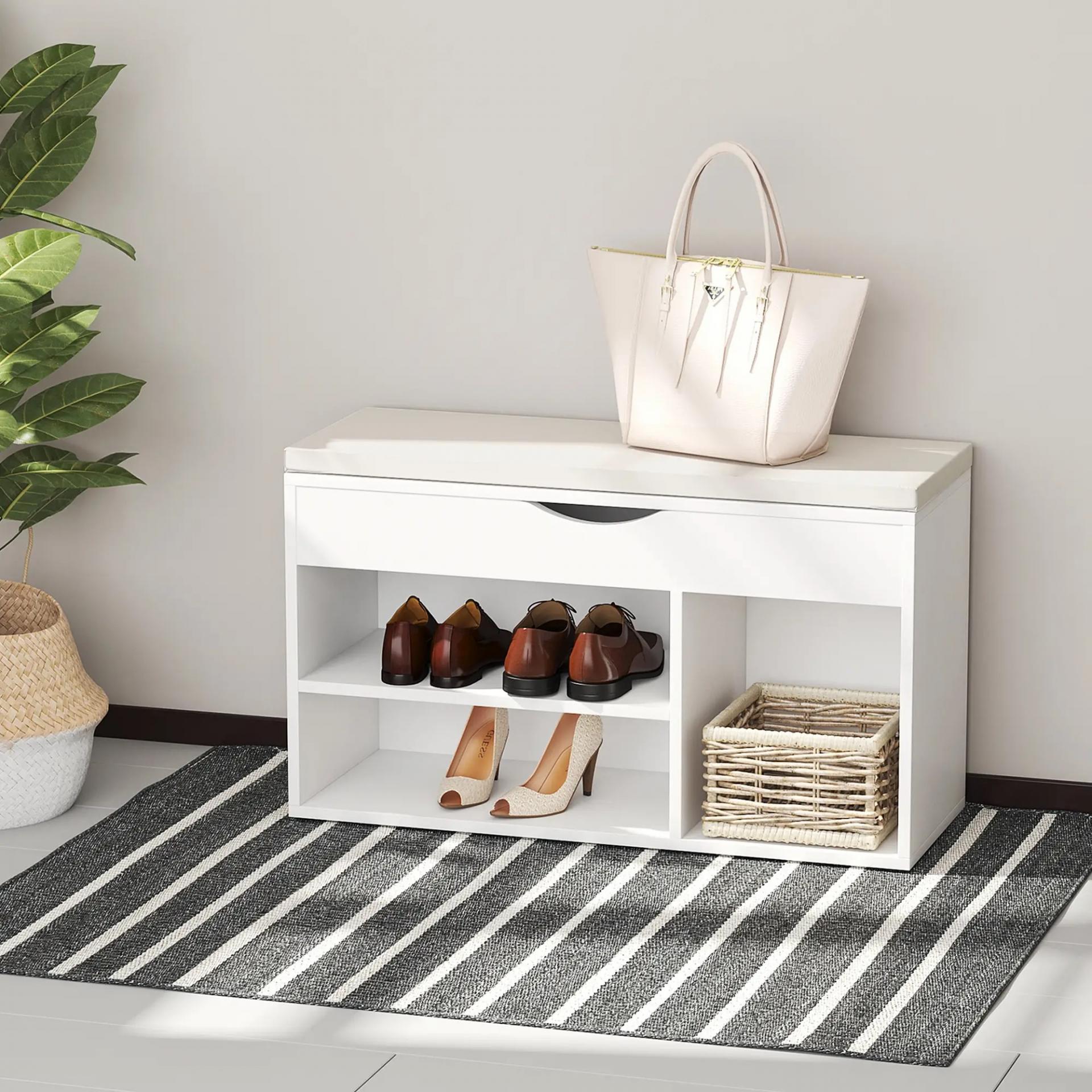 Banco Zapatero con Asiento Zapatero de Entrada Recibidor Moderno con Cajón Estantes Abiertos y 1 Cojín para Pasillo 80x30x47cm