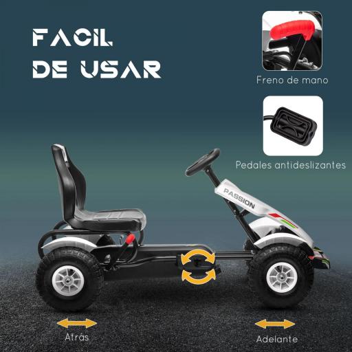 Go Kart a Pedales para Niños con Asiento Ajustable Neumáticos de Goma Freno de Mano Carga 50 kg 121x58x61 cm Blanco [5]