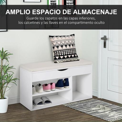 Banco Zapatero con Asiento Zapatero de Entrada Recibidor Moderno con Cajón Estantes Abiertos y 1 Cojín para Pasillo 80x30x47cm [3]