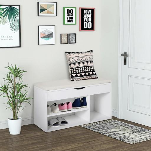 Banco Zapatero con Asiento Zapatero de Entrada Recibidor Moderno con Cajón Estantes Abiertos y 1 Cojín para Pasillo 80x30x47cm [6]