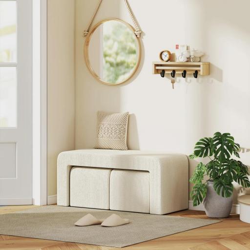 Juego de 3 Bancos Zapateros Grande y 2 Pequeños Modernos de Pana Diseño Compacto Mesa Auxiliar 104x44x48 cm Crema