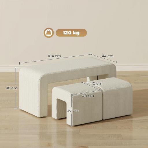 Juego de 3 Bancos Zapateros Grande y 2 Pequeños Modernos de Pana Diseño Compacto Mesa Auxiliar 104x44x48 cm Crema [3]