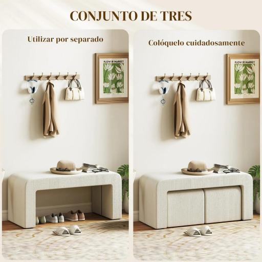 Juego de 3 Bancos Zapateros Grande y 2 Pequeños Modernos de Pana Diseño Compacto Mesa Auxiliar 104x44x48 cm Crema [2]