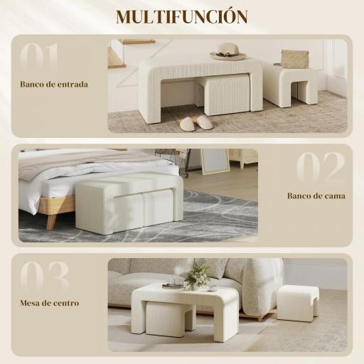Juego de 3 Bancos Zapateros Grande y 2 Pequeños Modernos de Pana Diseño Compacto Mesa Auxiliar 104x44x48 cm Crema [1]