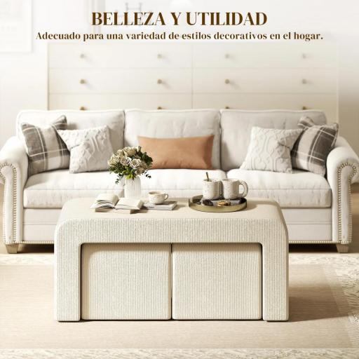 Juego de 3 Bancos Zapateros Grande y 2 Pequeños Modernos de Pana Diseño Compacto Mesa Auxiliar 104x44x48 cm Crema [5]