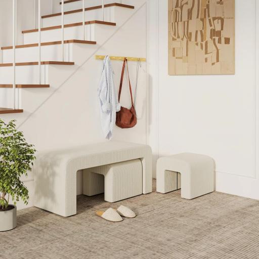 Juego de 3 Bancos Zapateros Grande y 2 Pequeños Modernos de Pana Diseño Compacto Mesa Auxiliar 104x44x48 cm Crema [4]