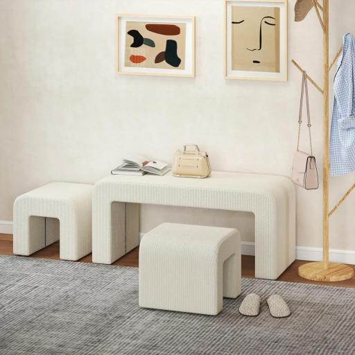Juego de 3 Bancos Zapateros Grande y 2 Pequeños Modernos de Pana Diseño Compacto Mesa Auxiliar 104x44x48 cm Crema [6]