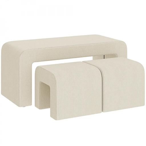 Juego de 3 Bancos Zapateros Grande y 2 Pequeños Modernos de Pana Diseño Compacto Mesa Auxiliar 104x44x48 cm Crema [9]