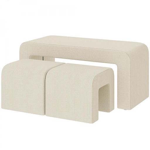 Juego de 3 Bancos Zapateros Grande y 2 Pequeños Modernos de Pana Diseño Compacto Mesa Auxiliar 104x44x48 cm Crema [8]