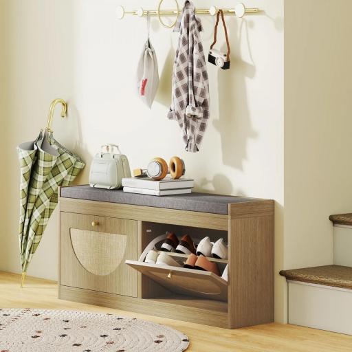Banco Zapatero con Asiento Acolchado Puertas Frentes de Ratán Estante Ajustable para 8 Pares de Zapatos Natural