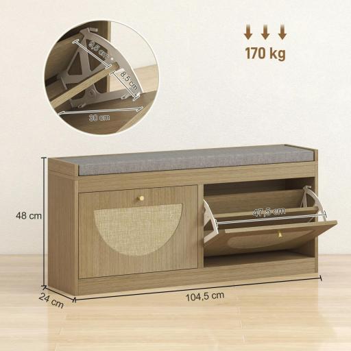Banco Zapatero con Asiento Acolchado Puertas Frentes de Ratán Estante Ajustable para 8 Pares de Zapatos Natural [2]
