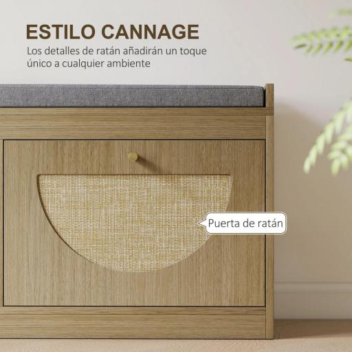 Banco Zapatero con Asiento Acolchado Puertas Frentes de Ratán Estante Ajustable para 8 Pares de Zapatos Natural [4]