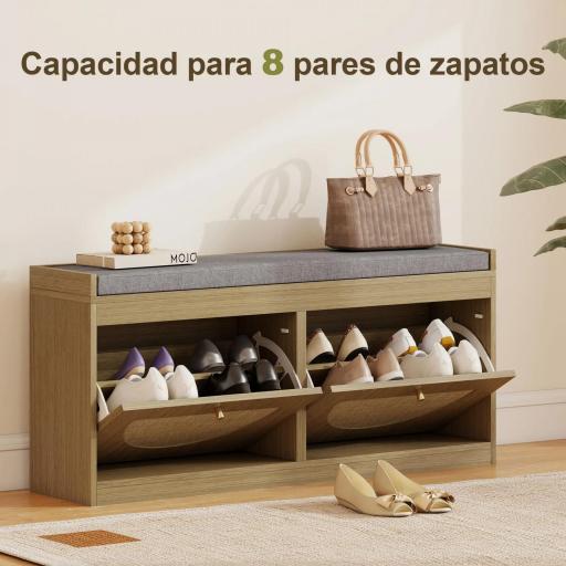 Banco Zapatero con Asiento Acolchado Puertas Frentes de Ratán Estante Ajustable para 8 Pares de Zapatos Natural [3]