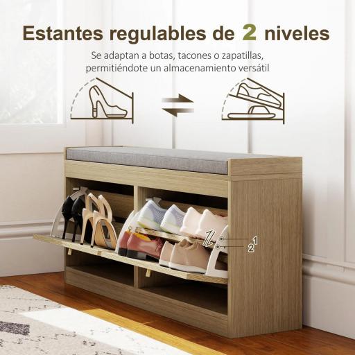 Banco Zapatero con Asiento Acolchado Puertas Frentes de Ratán Estante Ajustable para 8 Pares de Zapatos Natural [6]