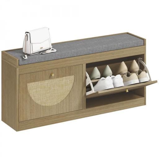 Banco Zapatero con Asiento Acolchado Puertas Frentes de Ratán Estante Ajustable para 8 Pares de Zapatos Natural [8]