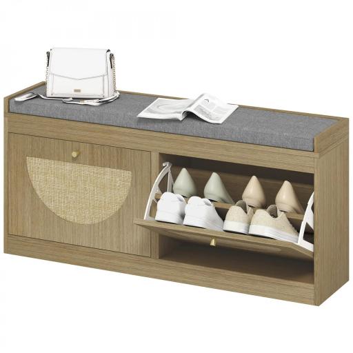 Banco Zapatero con Asiento Acolchado Puertas Frentes de Ratán Estante Ajustable para 8 Pares de Zapatos Natural [9]